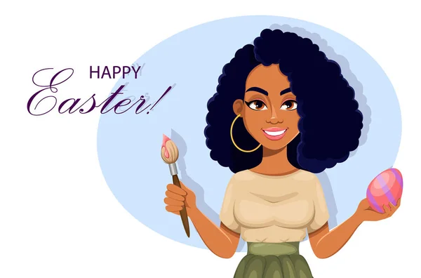 Wesołych Świąt Wielkanocnych Kartka Piękną Afroamerykanką Malowanie Pisanki Wesoła Postać — Wektor stockowy