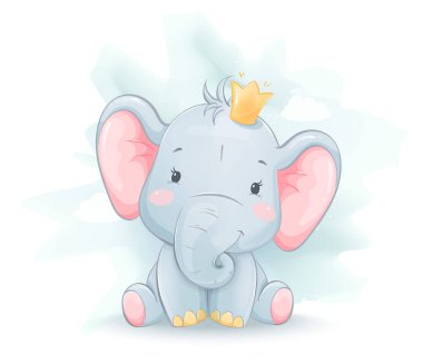 Cute little elephant in crown. Funny cartoon character. Stock vector illustration clipart