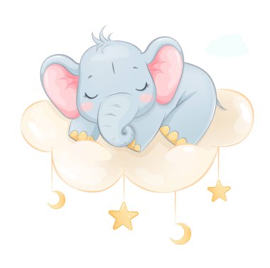 Bulutta uyuyan şirin bir fil. Komik çizgi film karakteri. Beyaz arkaplanda stok vektör illüstrasyonu