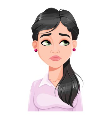 Güzel bir kadının yüz ifadesi, hayal kırıklığına uğramış. Kadınsal duygular. Düz stilde güzel bir çizgi film karakteri, Avatar olarak kullanılabilir. Stok vektör illüstrasyonu