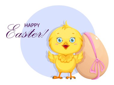 Süslü yumurtanın yanında duran tatlı bir piliç. Mutlu Paskalya tebrik kartları. Komik yavru tavuk. Stok vektör illüstrasyonu