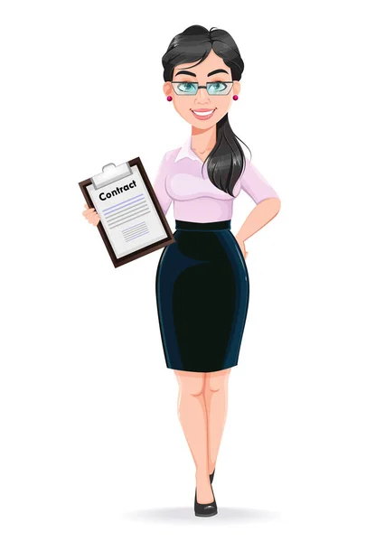 Hermosa Exitosa Mujer Negocios Personaje Dibujos Animados Sujetando Portapapeles Utilizable — Vector de stock