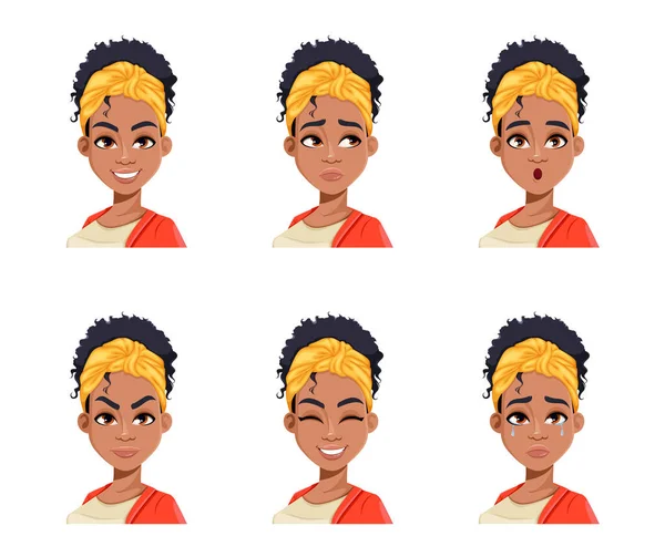 年轻非洲裔美国妇女的面部表情 不同的女性情绪 漂亮的卡通人物种群矢量说明 — 图库矢量图片