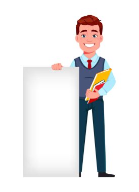 Pankartın yanında duran yakışıklı iş adamı. Genç iş adamı çizgi film karakteri düz stil. Stok vektör illüstrasyonu