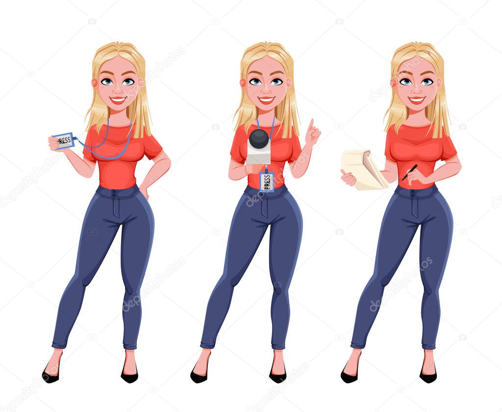 Young smiling woman journalist, set of three poses. Female reporter cartoon character. Stock vector illustration on white background