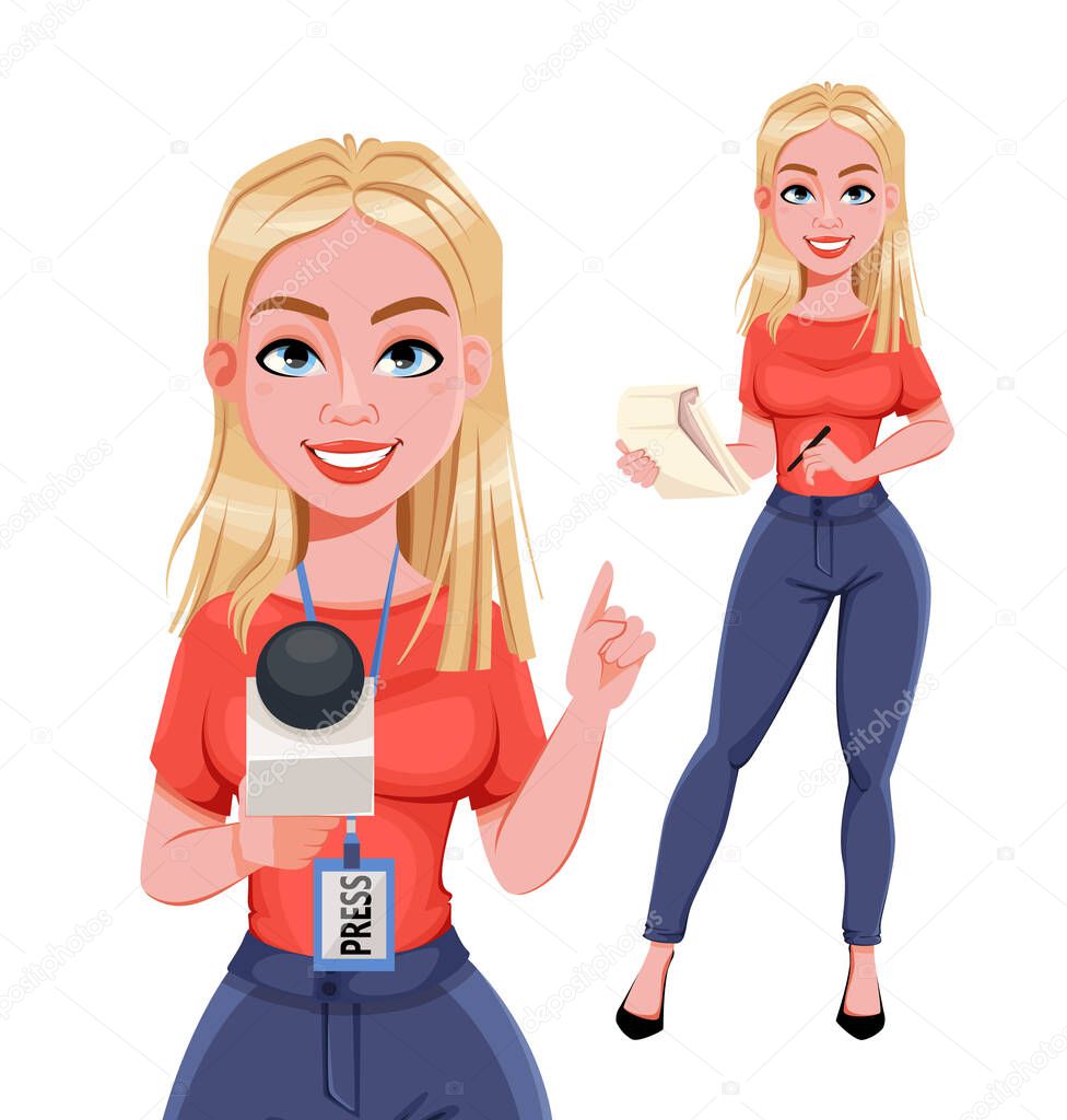 Young smiling woman journalist, set of two poses. Female reporter cartoon character, live news. Stock vector illustration on white background