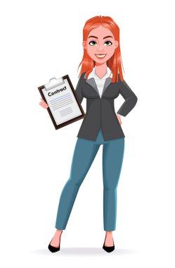 Sözleşmeyi tutan güzel bir iş kadını. Neşeli iş kadını çizgi film karakteri. Beyaz arkaplanda stok vektör illüstrasyonu