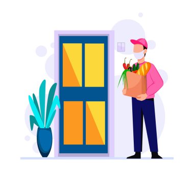 Kuryeyle erzak teslimatı, karantinaya alınmış kişilere yardım. Stok vektör illüstrasyonu