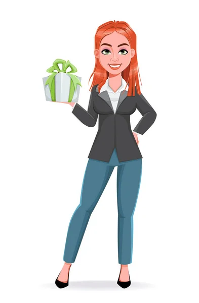 ギフトボックスを持っている美しいビジネス女性 陽気な実業家の漫画のキャラクター 白を背景にしたストックベクトルイラスト — ストックベクタ