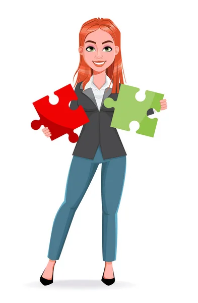Schöne Geschäftsfrau Mit Zwei Puzzleteilen Fröhliche Geschäftsfrau Cartoon Figur Aktienvektorabbildung — Stockvektor