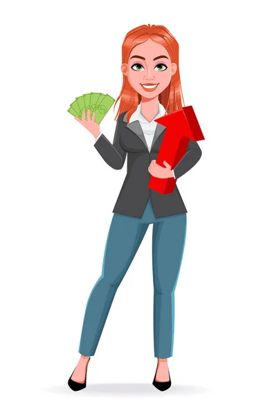 Beautiful Business Woman Holding Money Arrow Cheerful Businesswoman Cartoon Character — Stock Vector