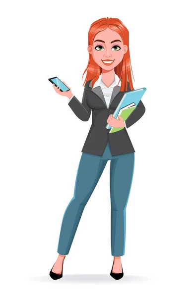 Belle Femme Affaires Tenant Smartphone Joyeux Personnage Dessin Animé Femme — Image vectorielle