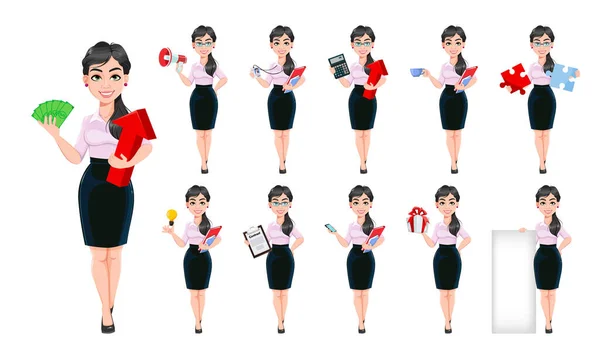 Bonita Personagem Desenho Animado Mulher Negócios Sucesso Conjunto Onze Poses —  Vetores de Stock