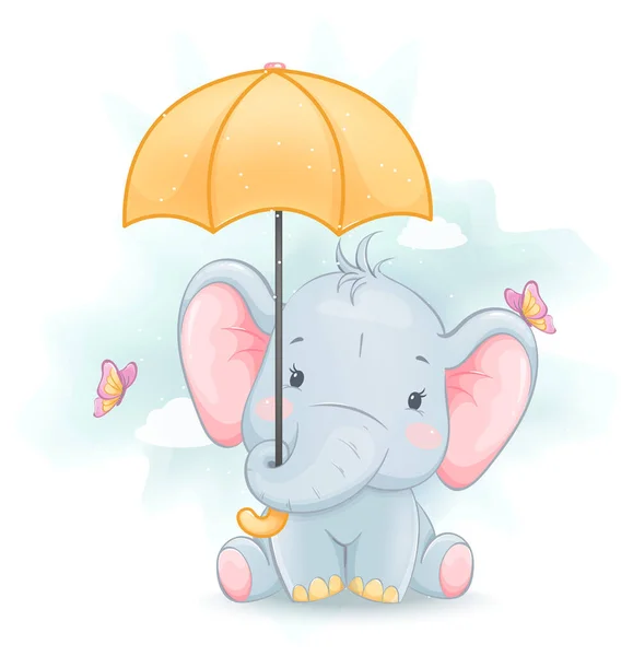 Simpatico Elefante Che Tiene Ombrello Cartone Animato Divertente Illustrazione Vettoriale — Vettoriale Stock