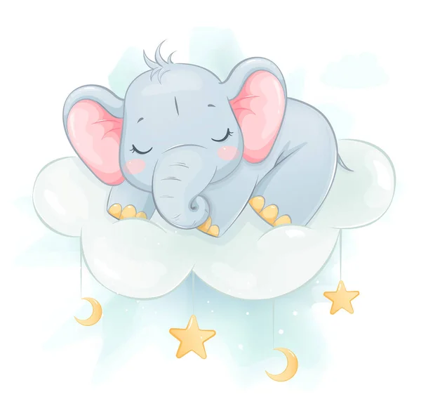 Cute little elephant sleeping on a cloud. Funny cartoon character. Stock vector illustration