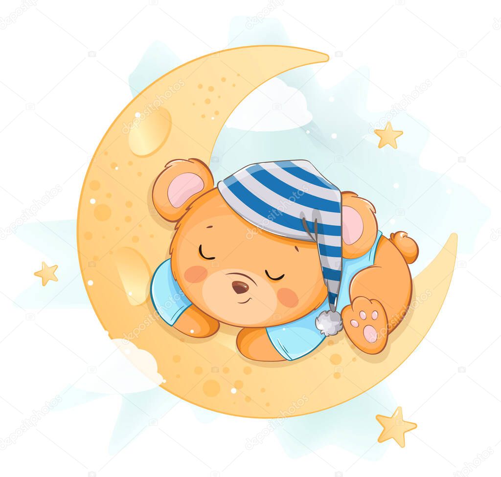 Cute little bear sleeping on the moon. Funny bear cartoon character having magical dreams. Usable for greeting card, baby shower, invitation. Stock vector illustration