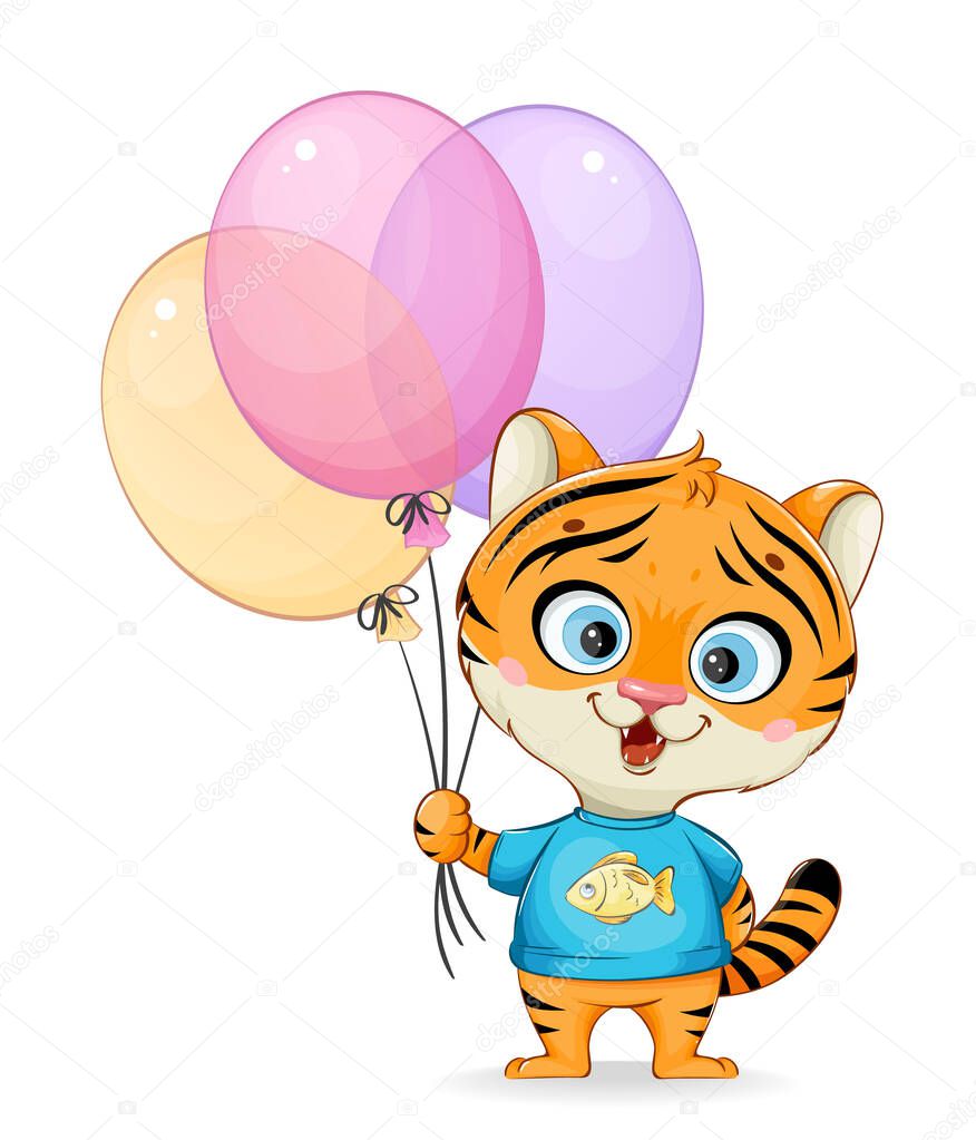 Cute little tiger holding colored balloons. Funny cartoon character bear. Stock vector illustration