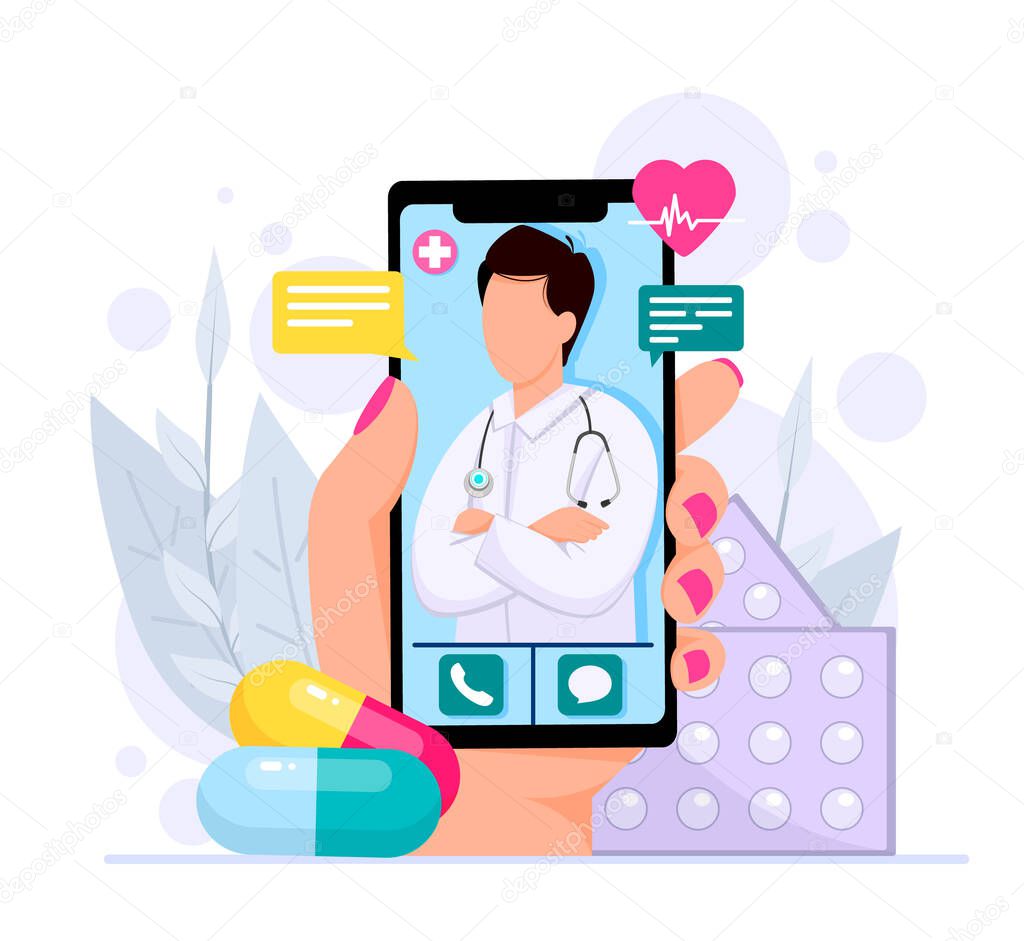 Online medical consultations concept, cardiology, covid-19, hand holds smartphone with a therapist in a chat, consultation in a messenger, ask a doctor. Vector flat style illustration