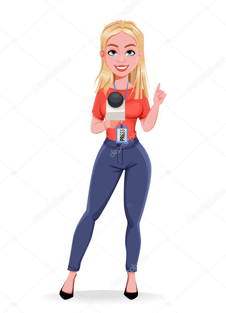 Young smiling woman journalist, female reporter stands with microphone, live news. Stock vector illustration on white background