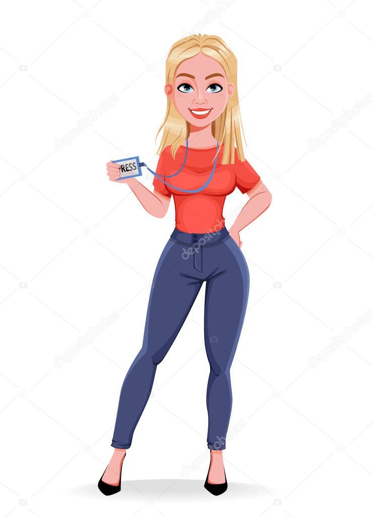 Young smiling woman journalist, female reporter shows her badge Press, live news. Stock vector illustration on white background