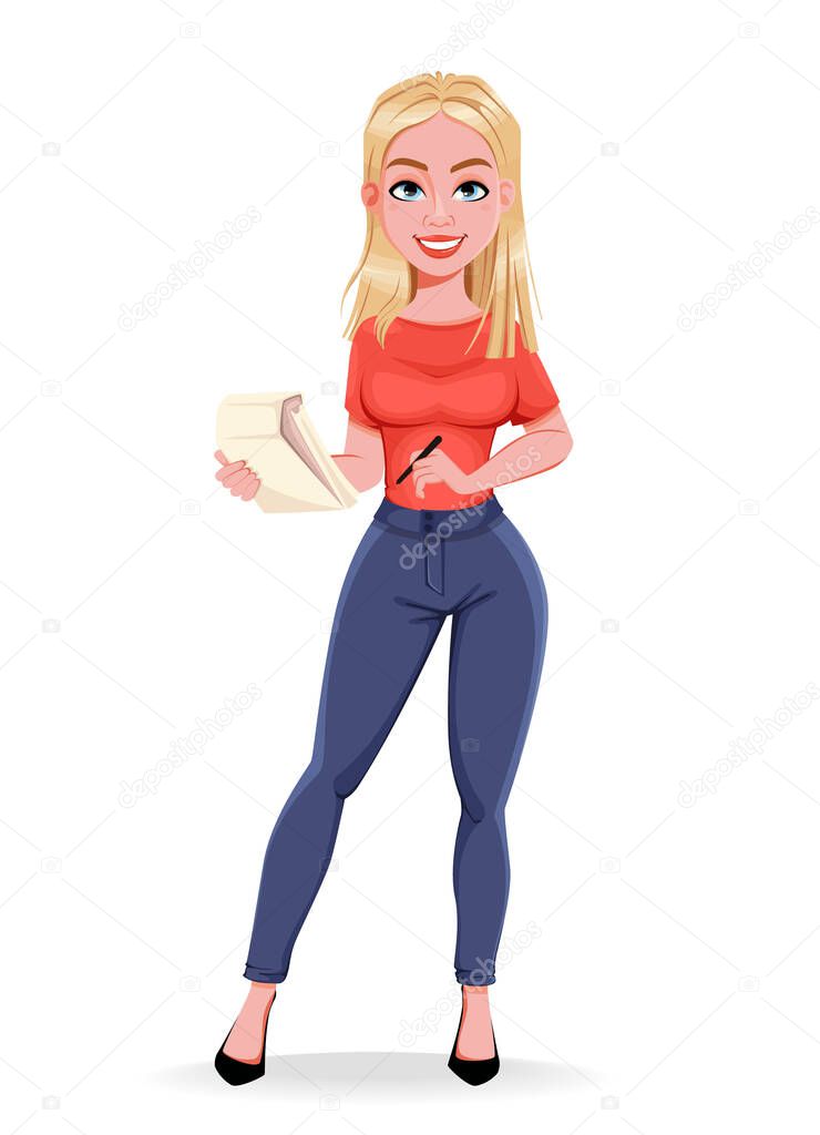 Young smiling woman journalist, female reporter makes notes while interview. Stock vector illustration on white background
