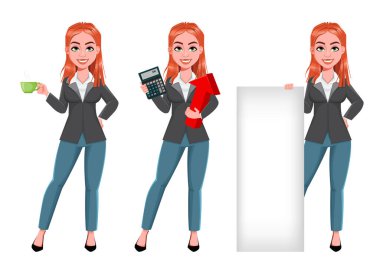 Üç pozdan oluşan güzel bir iş kadını. Neşeli iş kadını çizgi film karakteri. Stok vektör illüstrasyonu