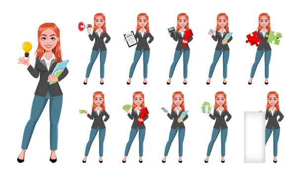 Beautiful Business Woman Set Eleven Poses Cheerful Businesswoman Cartoon Character — Stock Vector
