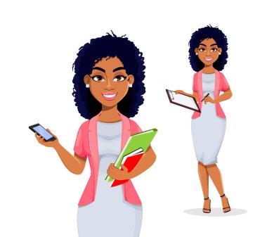 İki pozu olan Afro-Amerikalı bir iş kadını. Güzel iş kadını çizgi film karakteri, güzel bayan. Stok vektör illüstrasyonu