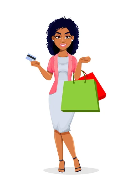 アフリカ系アメリカ人のビジネス女性が買い物に行く 美しい実業家の漫画のキャラクターは かなりの女性 ストックベクトルイラスト — ストックベクタ
