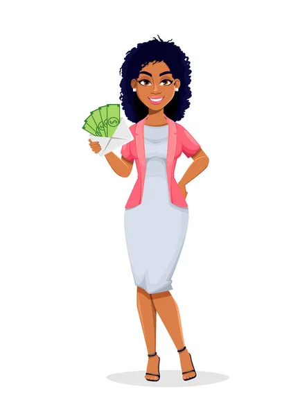 Mujer Negocios Afroamericana Sosteniendo Sobre Con Dinero Hermoso Personaje Dibujos — Vector de stock