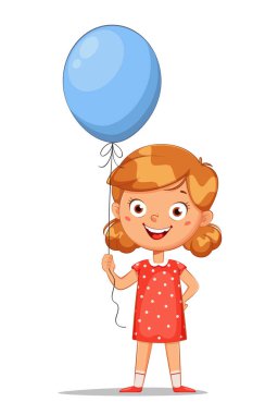 Çocuk günün kutlu olsun. Mavi balonlu şirin küçük kız, neşeli çizgi film karakteri. Beyaz arkaplanda stok vektör illüstrasyonu