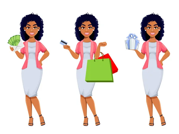 非裔美国女商人 一组三个姿势 漂亮的女商人卡通人物去购物 种群矢量说明 — 图库矢量图片