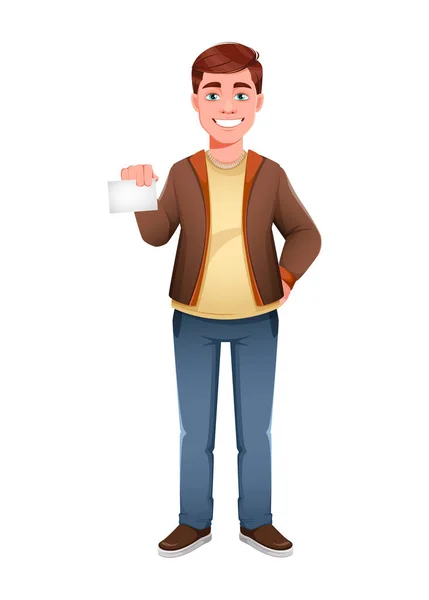 Handsome Business Man Holding Blank Card Young Businessman Cartoon Character — Stock Vector