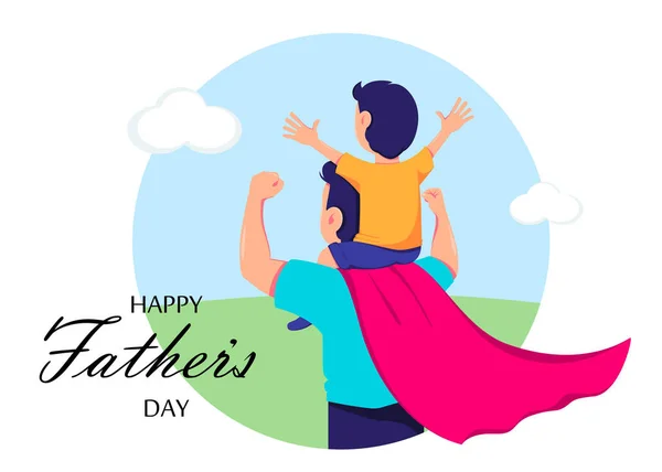 Šťastné Přání Dni Otců Táta Kostýmu Superhrdiny Drží Syna Ramenou — Stockový vektor