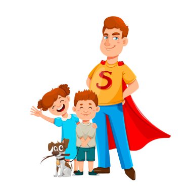 Babalar günün kutlu olsun. Süper kahraman kostümlü baba, oğlu ve kızıyla duruyor. Neşeli çizgi film karakterleri. Beyaz arkaplanda vektör illüstrasyonu