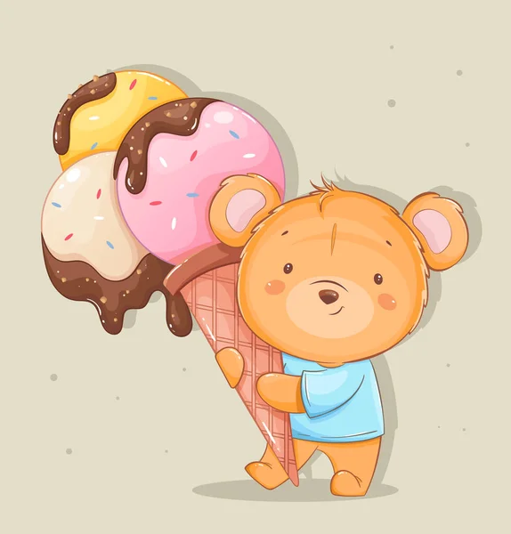 Niedliche Kleine Bärenfigur Mit Dickem Eis Lustiger Teddybär Illustration Eines — Stockvektor
