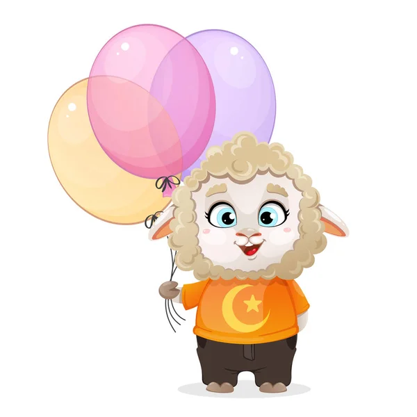 Eid Adha Mubarak Funny Cartoon Character Ram Holding Balloons Kurban — Stock Vector