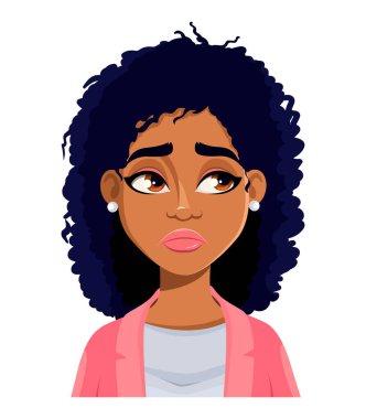 Afro-Amerikan güzel bir kadının yüz ifadesi hayal kırıklığına uğradı. Kadınsal duygular. Düz stil, sevimli çizgi film karakteri. Avatar, emoticon vs. için kullanılabilir. Vektör illüstrasyonu