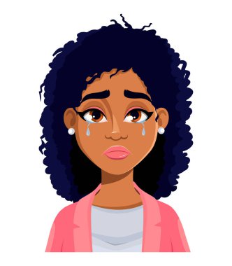 Ağlayan güzel Afro-Amerikan bir kadının yüz ifadesi. Kadınsal duygular. Düz stil, sevimli çizgi film karakteri. Avatar, emoticon vs. için kullanılabilir. Vektör illüstrasyonu