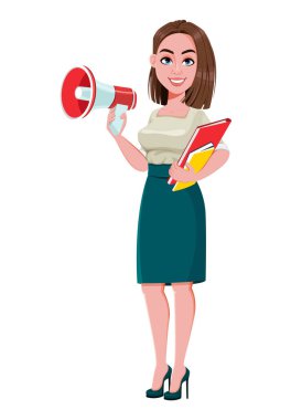Genç başarılı iş kadını duyuru yapıyor. Şirin iş kadını çizgi film karakteri. Beyaz arkaplanda stok vektör illüstrasyonu