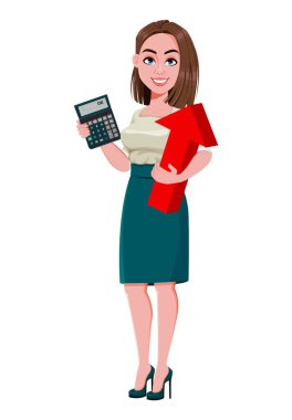 Hesap makinesi ve kırmızı ok tutan başarılı genç bir iş kadını. Şirin iş kadını çizgi film karakteri. Beyaz arkaplanda stok vektör illüstrasyonu