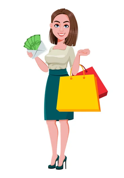 Joven Mujer Negocios Exitosa Compras Lindo Personaje Dibujos Animados Mujer — Vector de stock