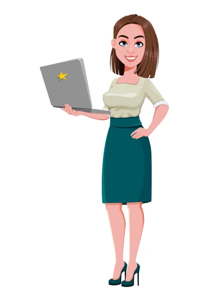 Junge Erfolgreiche Geschäftsfrau Mit Laptop Nette Geschäftsfrau Cartoon Figur Aktienvektorabbildung — Stockvektor