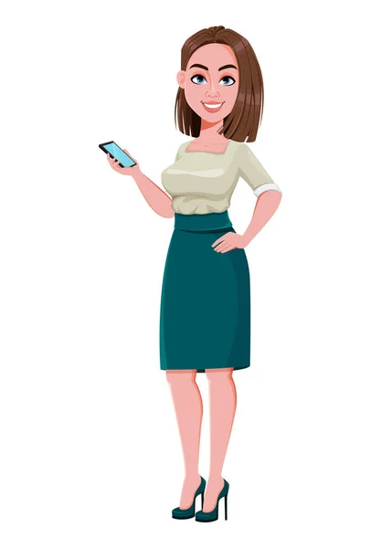 Junge Erfolgreiche Geschäftsfrau Mit Smartphone Nette Geschäftsfrau Cartoon Figur Aktienvektorabbildung — Stockvektor