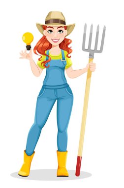 Elinde yaba tutan güzel bir çiftçi kadın. Tatlı çiftçi kız çizgi film karakteri. Beyaz arkaplanda stok vektör illüstrasyonu