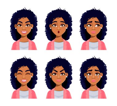 Afro-Amerikalı kadının yüz ifadeleri. Farklı kadın duyguları. Güzel kadın çizgi film karakteri. Avatar, emoticon vs. için kullanılabilir. Vektör illüstrasyonu