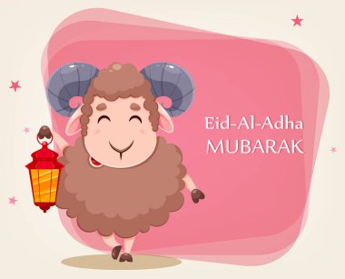 Kurban Bayramı Mübarek tebrik kartı ve geleneksel Müslüman festivalinin kutlaması için karikatür koyunları. Fenerli komik karakter koçu. Stok vektör illüstrasyonu