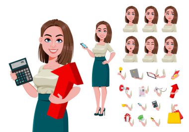 Genç başarılı iş kadını yaratma seti. Şirin bir iş kadını çizgi film karakteri tasarla. Stok vektör illüstrasyonu