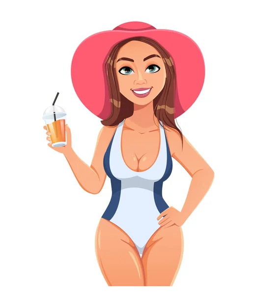 Hello Summer Young Beautiful Woman Swimsuit Having Rest Cute Lady — Stock Vector