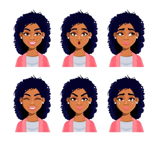 Gesichtsausdrücke Afroamerikanischer Frauen Unterschiedliche Weibliche Gefühle Setzen Ein Schöne Dame — Stockvektor